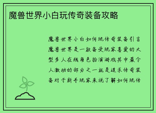 魔兽世界小白玩传奇装备攻略