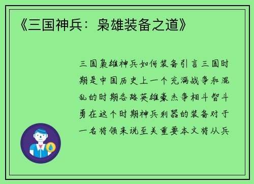《三国神兵：枭雄装备之道》